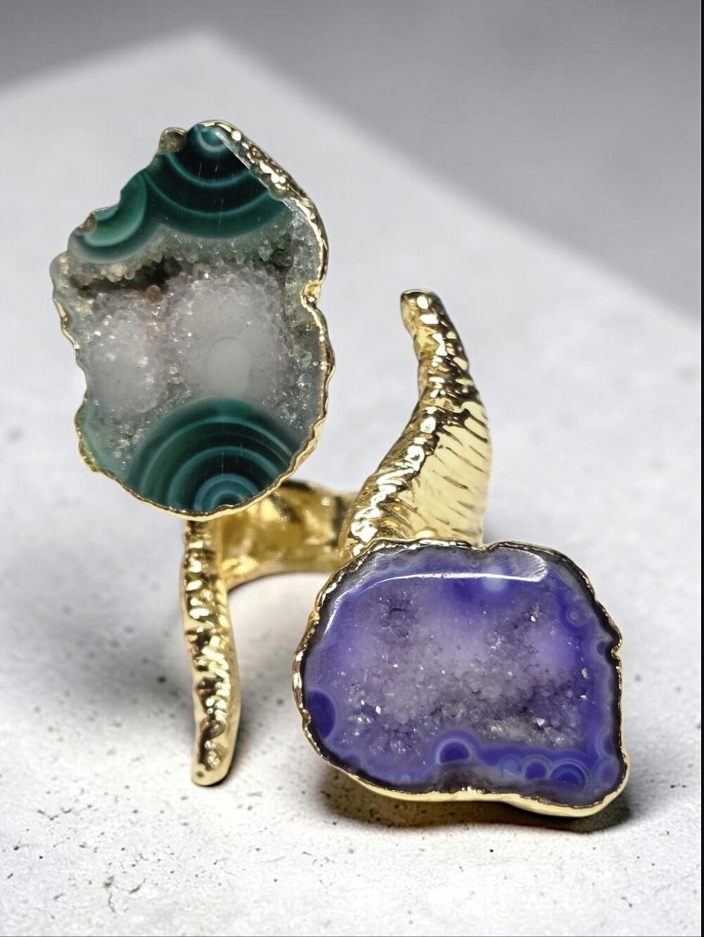 18k Gold Plated Artisan Genuine Malachite Amethyst Druzy Sugar Geode Ring